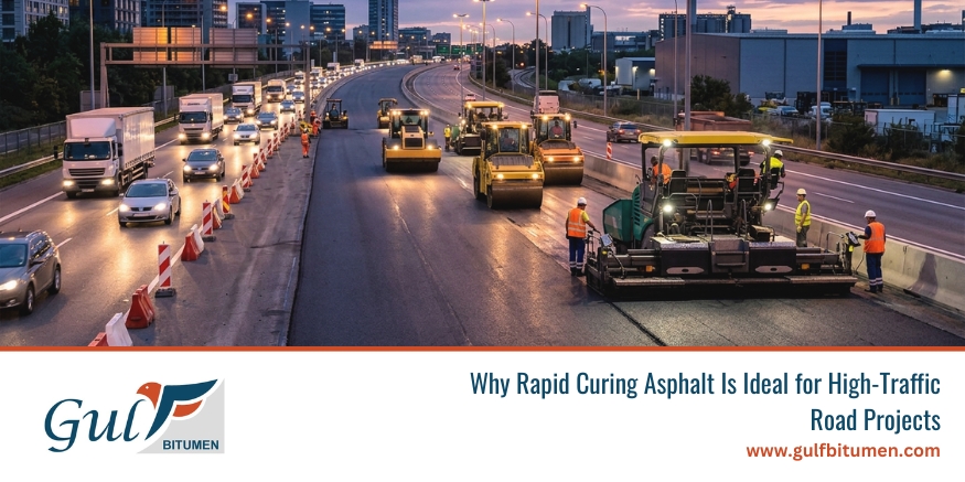 Rapid curing asphalt for high-traffic road projects